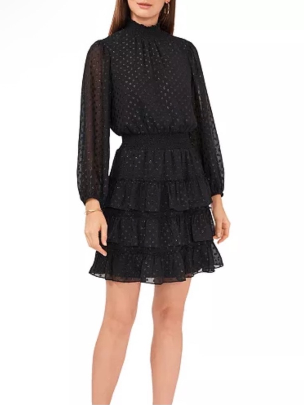MSK Mock Neck Tiered Black Sparkly Polka Dot Dress with Sheer Sleeves